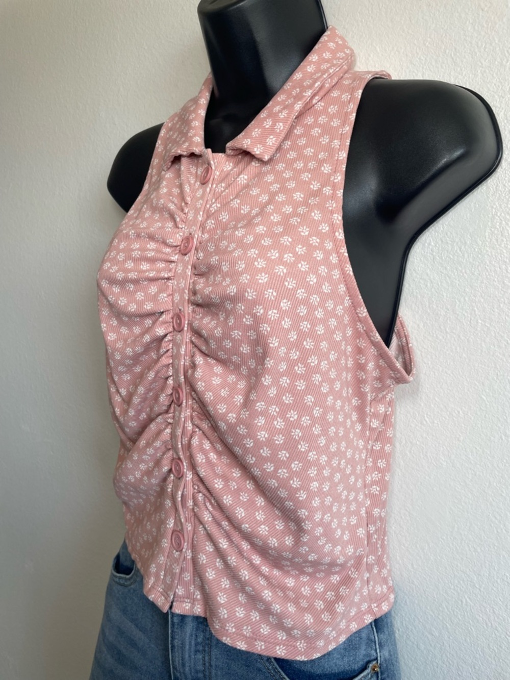 Skönhet Pink Floral Ribbed Ruched Button Front Tank Top Size Large - Picture 4 of 9